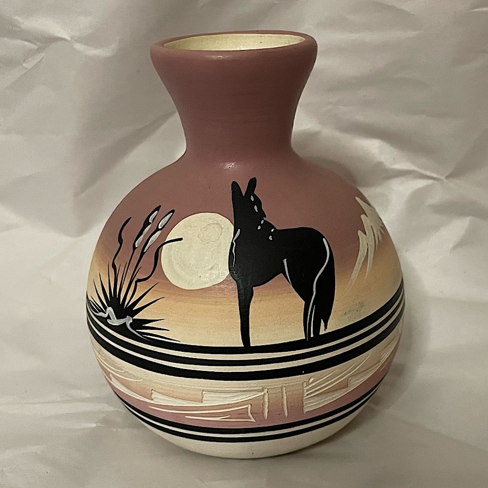 Vintage Navajo pink yellow pastel wolf moon desert scene mini vase